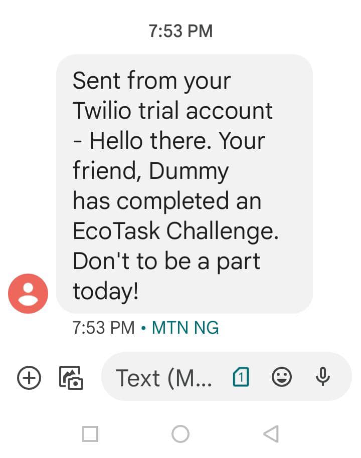 sms text saying that your friend completed an EcoTask challenge