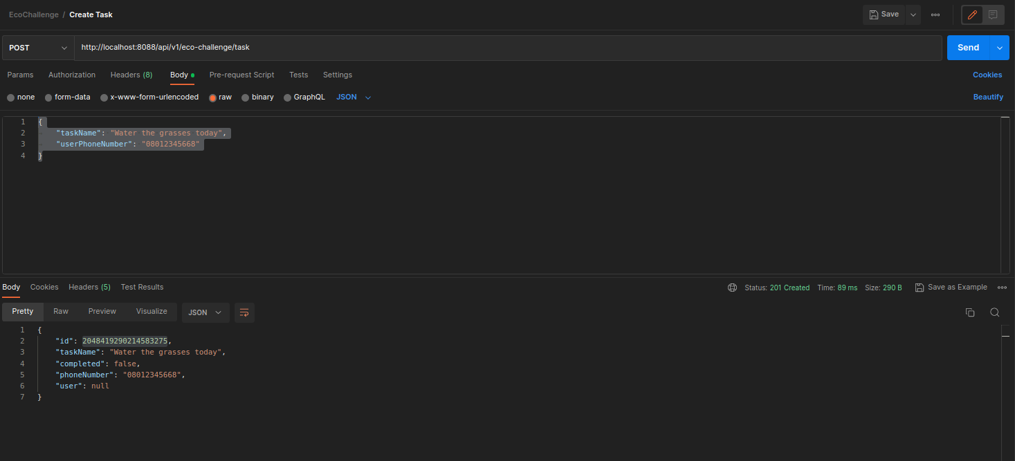create a sample task in postman with the post request