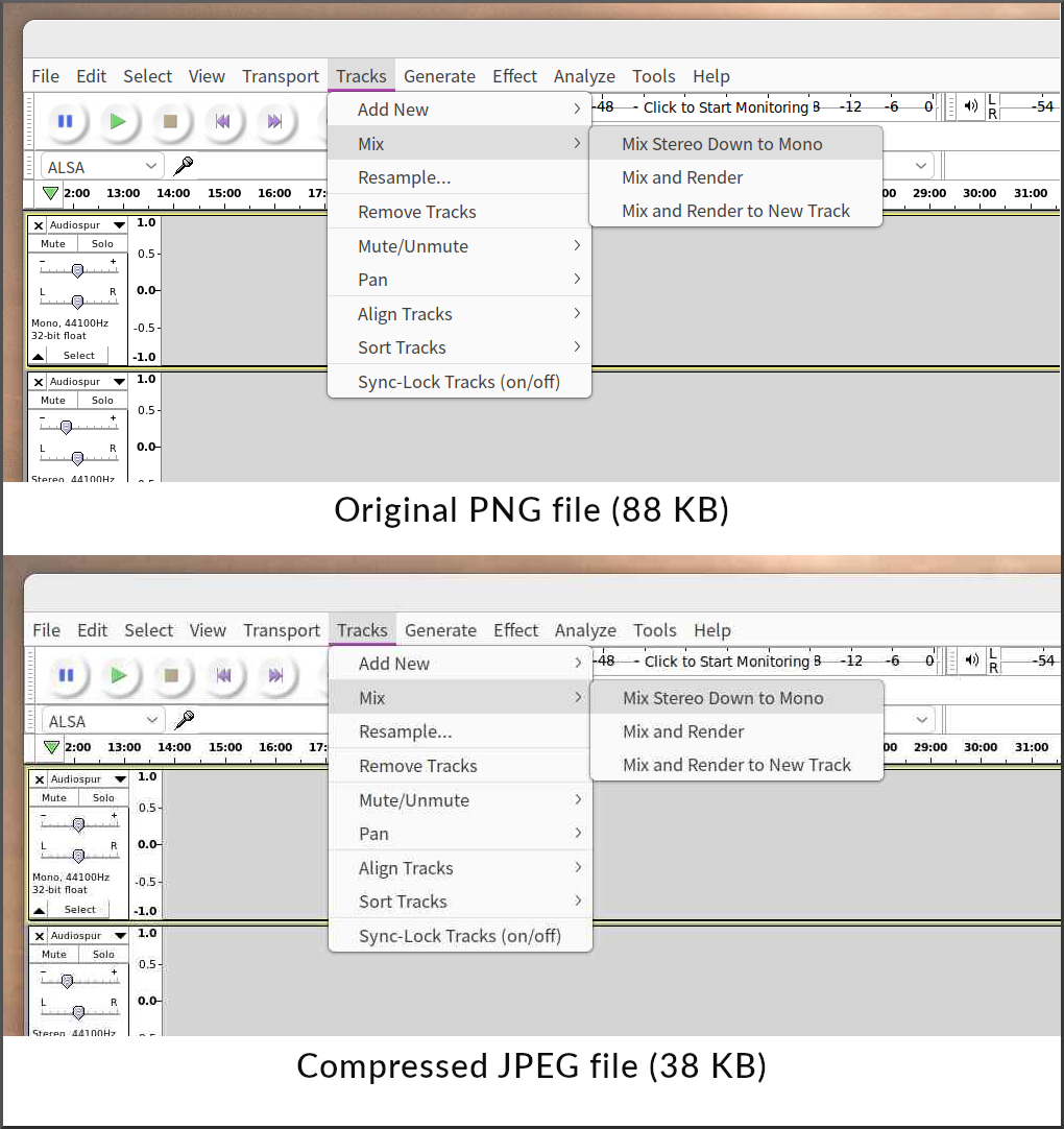 A screenshot of Audacity in PNG format and a compressed JPEG equivalent, showing the quality and size differences of using both file formats.