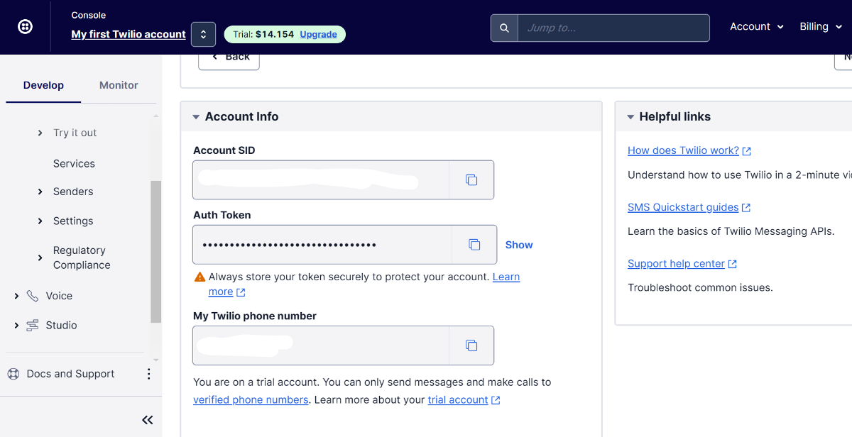 Twilio Account information page