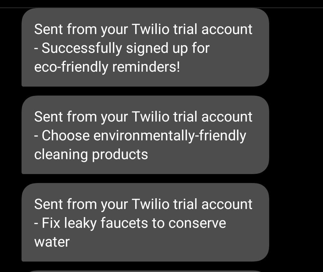 Messages received from Eco friendly reminder Service