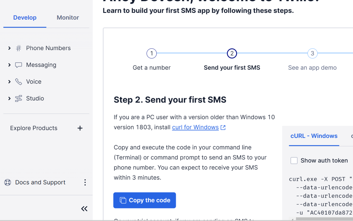 Twilio Console, showing Send your first SMS step