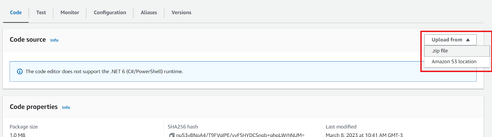 Code section on the Lambda function, highlighting the option to upload the function from a zip file.