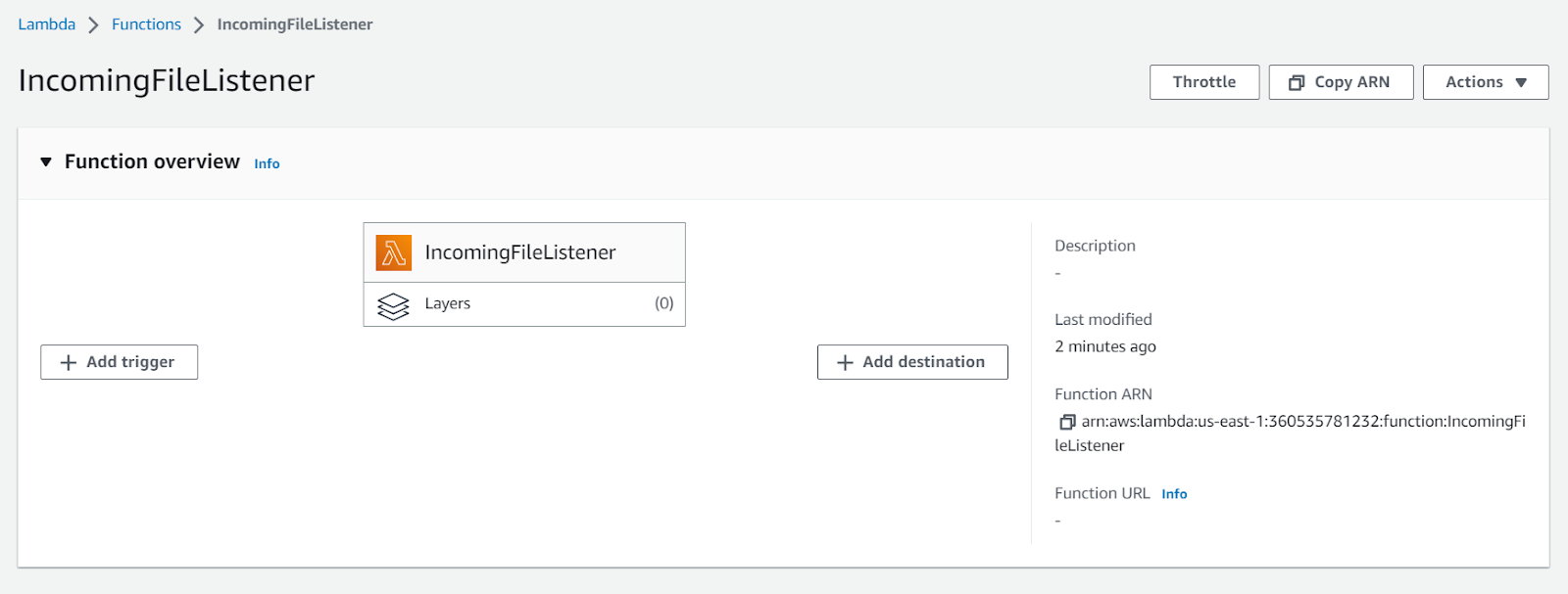 Page of the IncomingFileListener function created, with the structure, triggers and destinations that can be set.