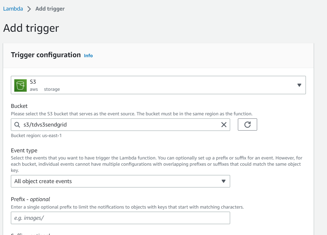 Page to add a new trigger to the function created, selecting S3 as source and the previously created bucket.