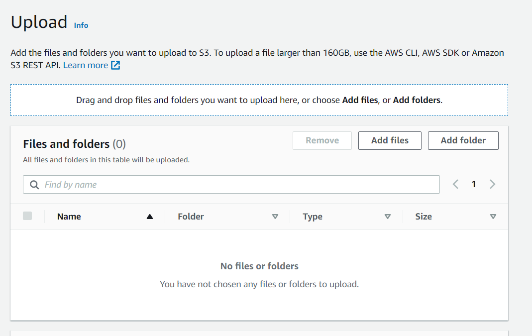File upload form in S3 with the option to select files or folders.