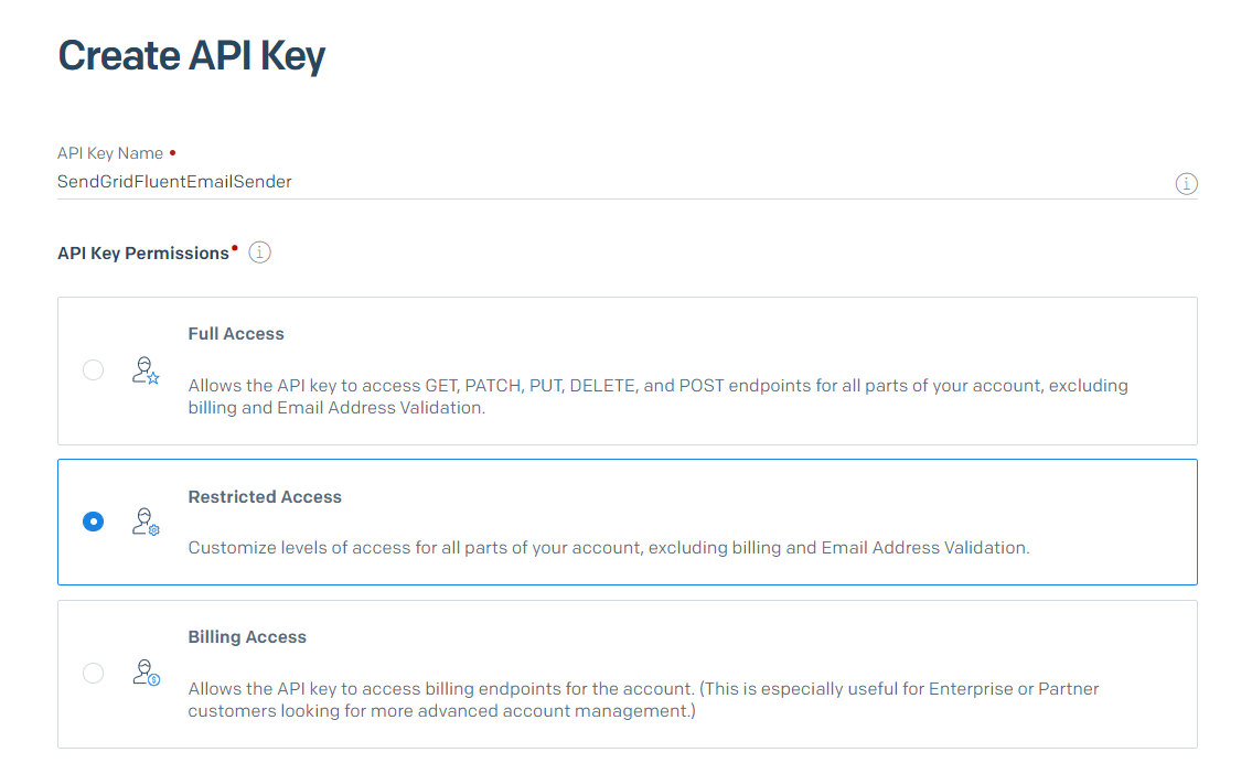 Create API Key form with a text field for the name and a radio button for the permission. In this project, the name is SendGridFluentEmailSender and the permission radio button is selected for the Restricted Access option