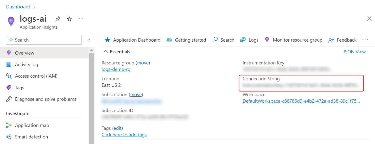 Connection string of the Application Insight resource