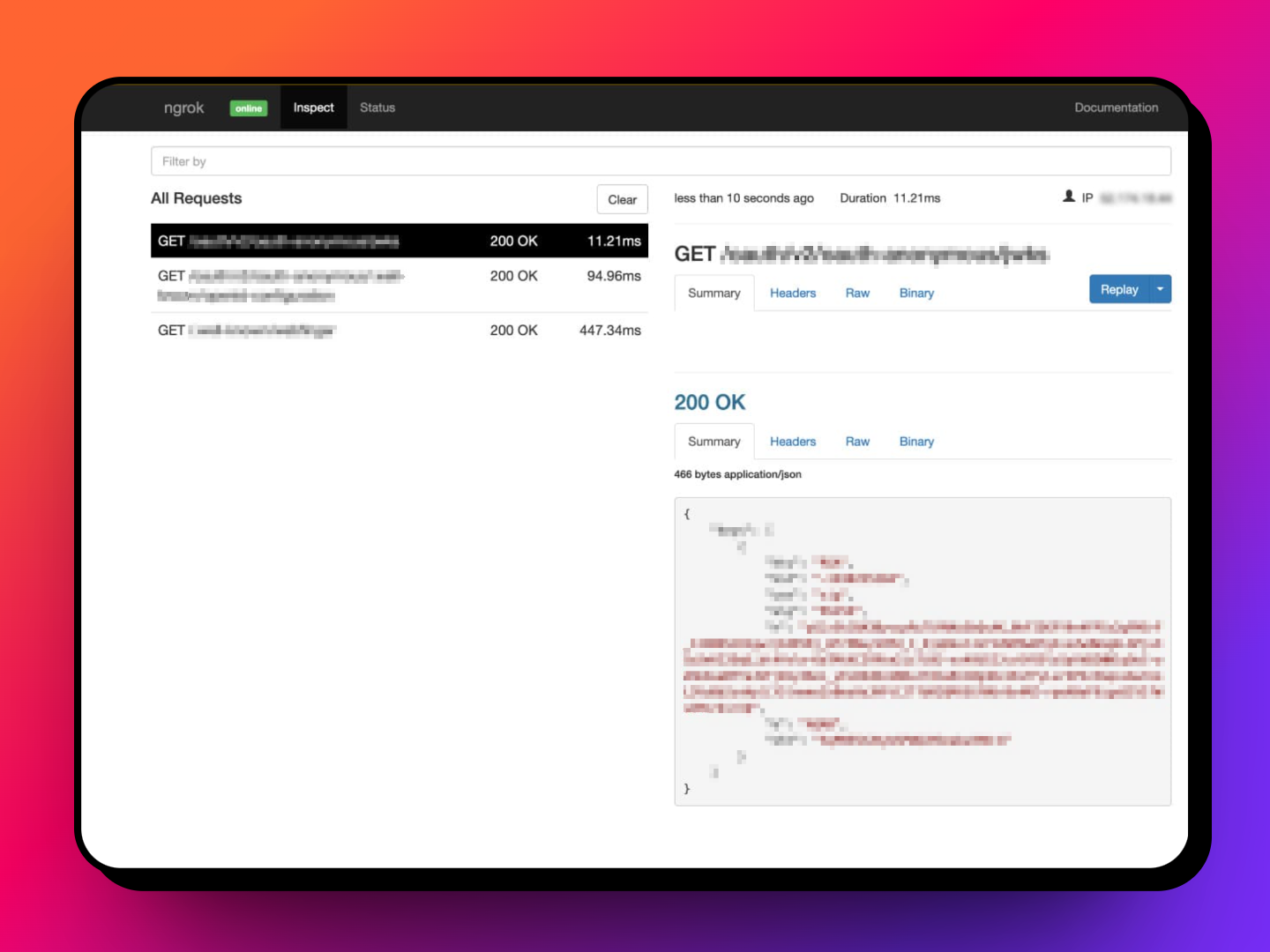 ngrok web interface at `http://localhost:4040` that allows users to inspect incoming requests, replay requests, and analyze traffic.