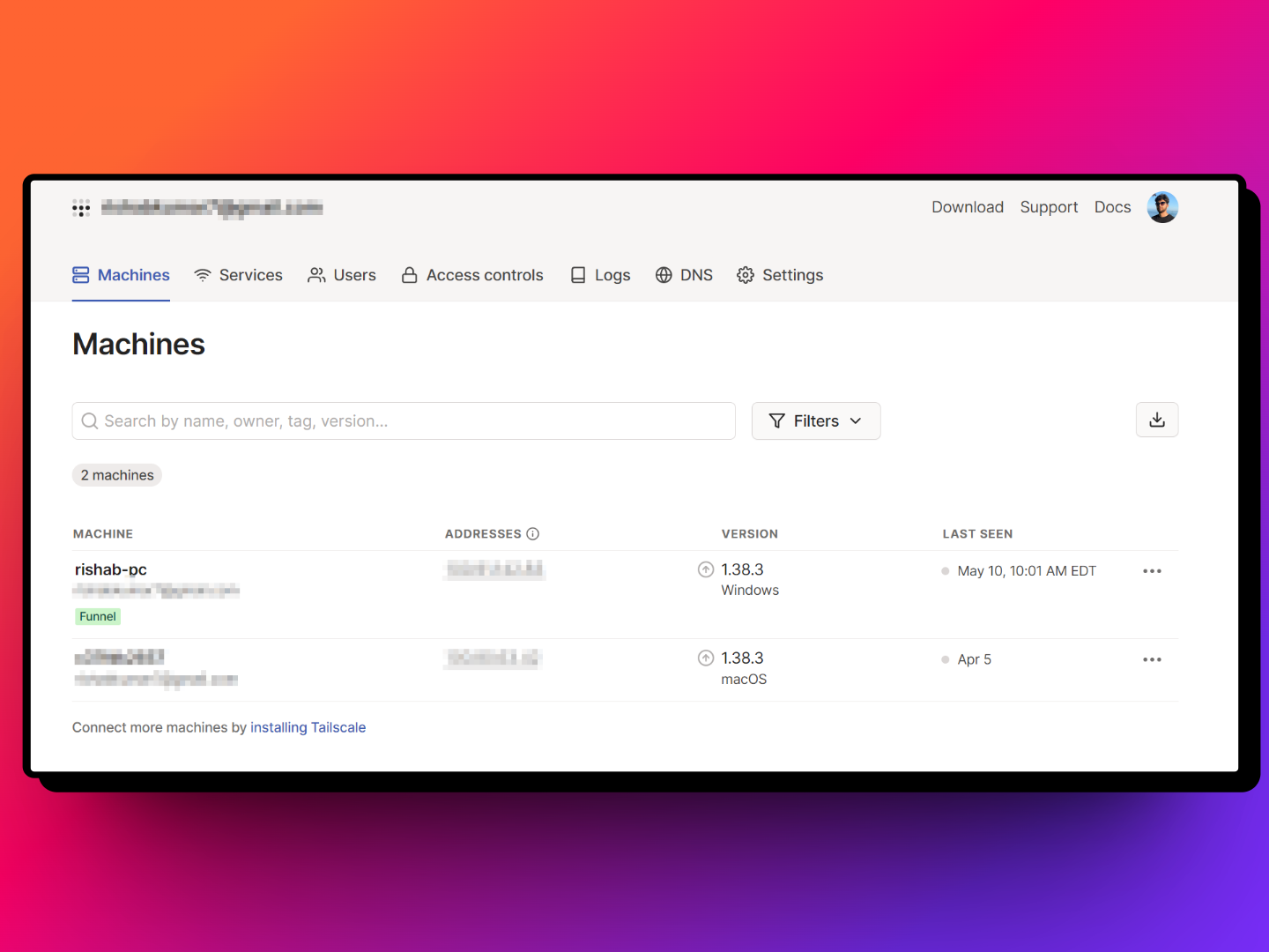 Tailscale Dashboard after account creation and login