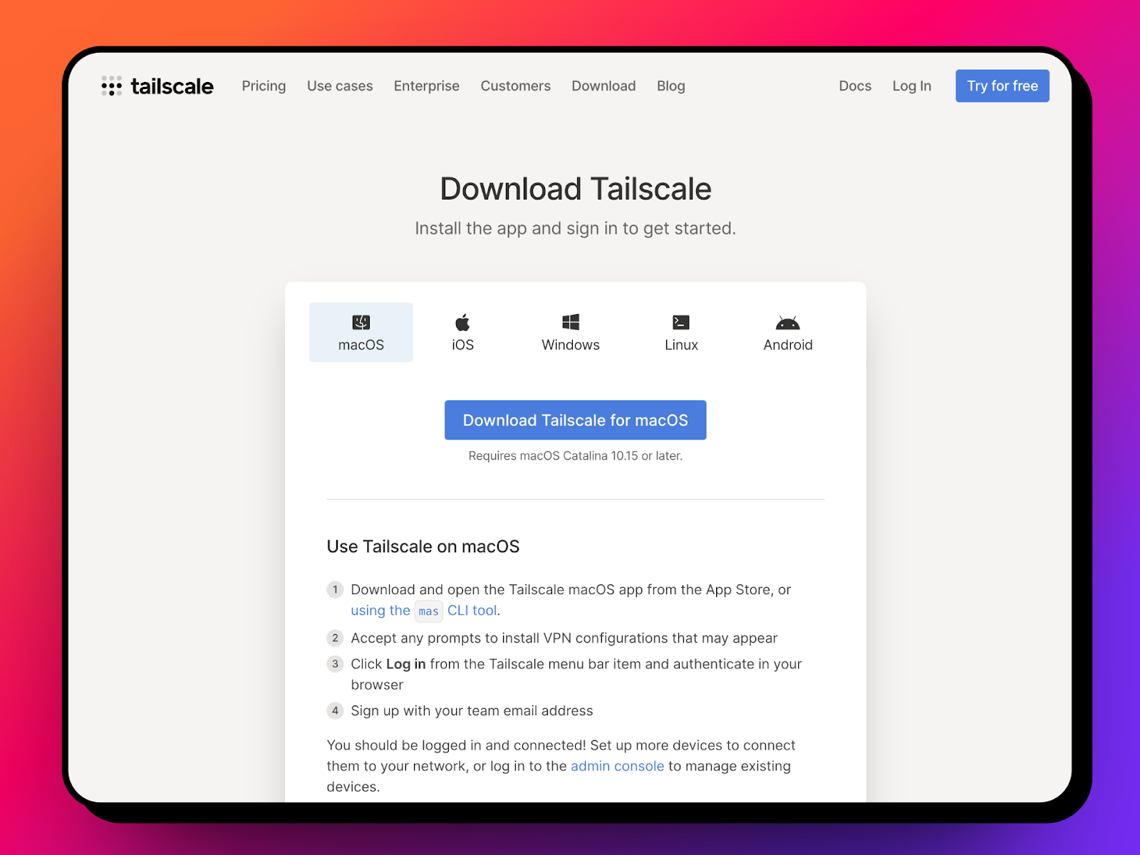 Tailscale Webpage: Download Tailscale on different Operating Systems