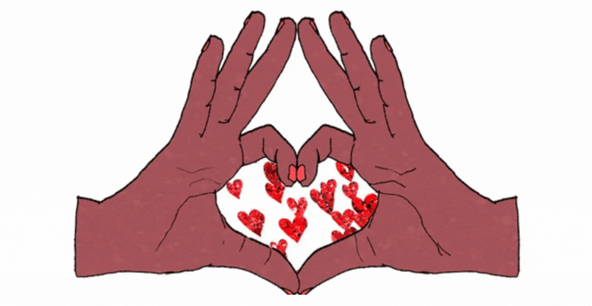 Hands in the shape of a heart, with sparkly hearts moving inside the hands