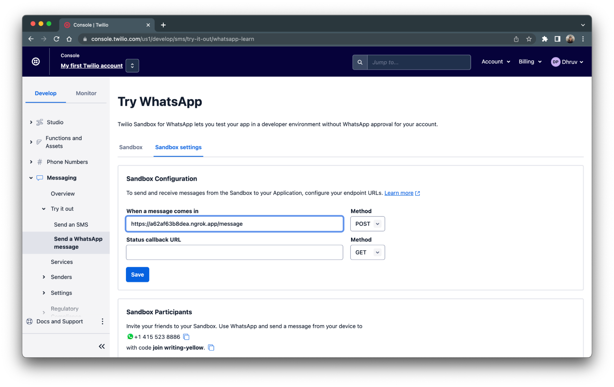 whatsapp sandbox settings on Twilio console