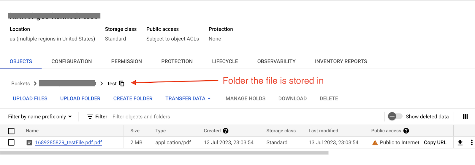Showing the file uploaded to the Google Cloud Storage bucket