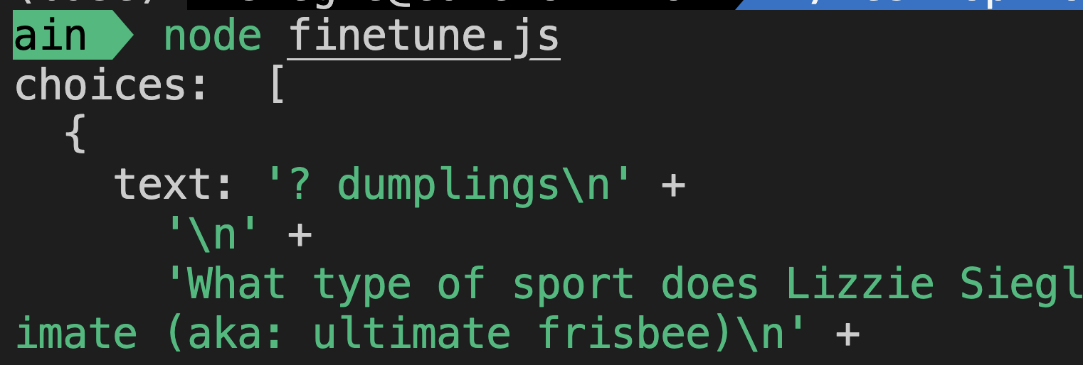 example of using the fine-tuned model where the top of the returned choices array is "dumplings" in response to what my favorite food is