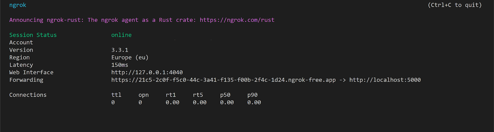 Terminal showing the https forwarding URL generated by ngrok