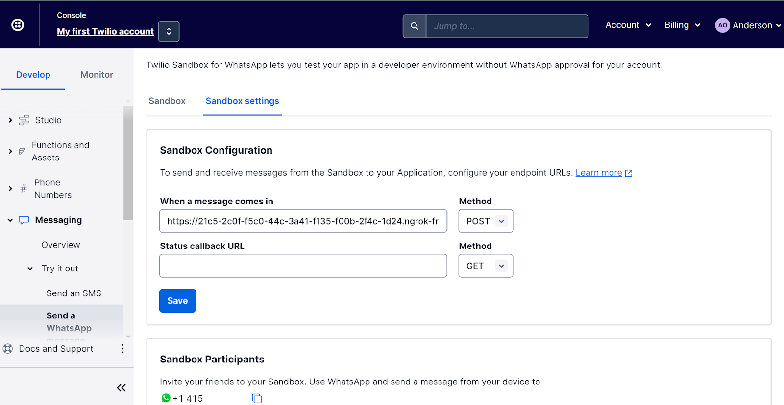 Twilio Whatsapp Sandbos Settings tab