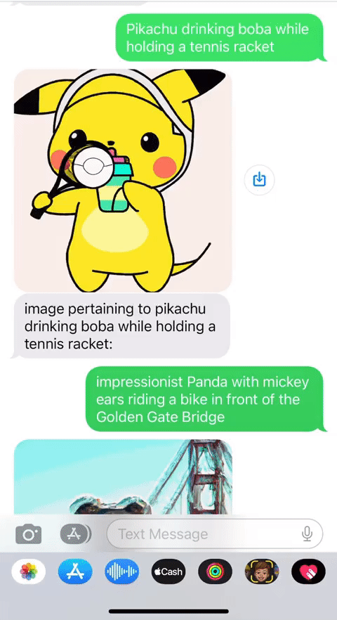 sms gif example with pikachu holding boba and a tennis racket, a panda with mickey ears cycling in front of the golden gate bridge