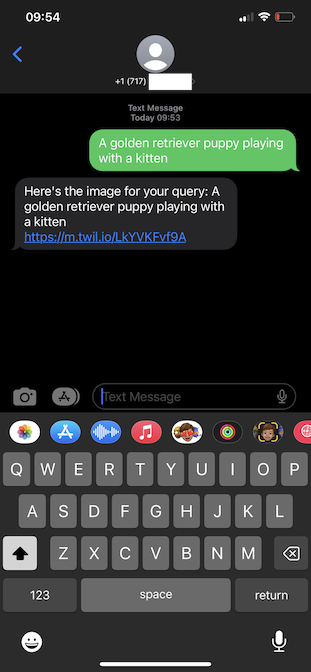 Screenshot of phone showing the sent message “a golden retriever puppy playing with a kitten and a received message showing a link to the generated image.
