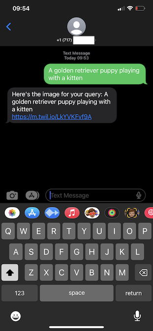 Screenshot of phone showing the sent message "a golden retriever puppy playing with a kitten and a received message showing a link to the generated image."