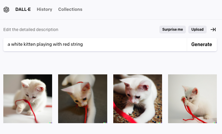 Image showing 4 images generated by DALL-E 2 based on description "a white kitten playing with red string"