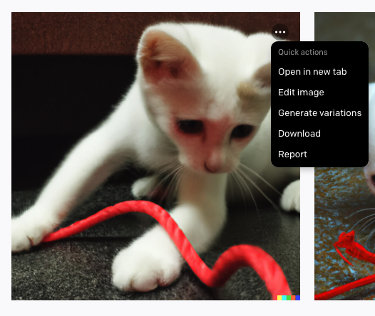 Image showing mouse hovered over a generated image and clicked on the "..." button to show the Quick Actions menu