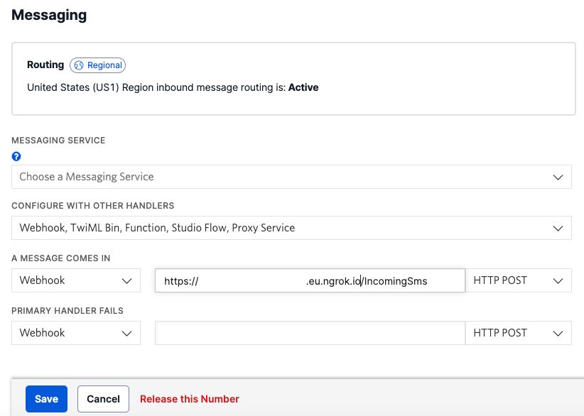 Twilio Console showing A Message Comes In section with Webhook selected and the ngrok URL entered followed by /IncomingSms
