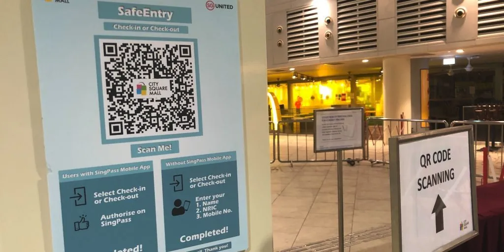 Photo of a QR code used to scan to enter a shop taken at City Square Mall in Singapore