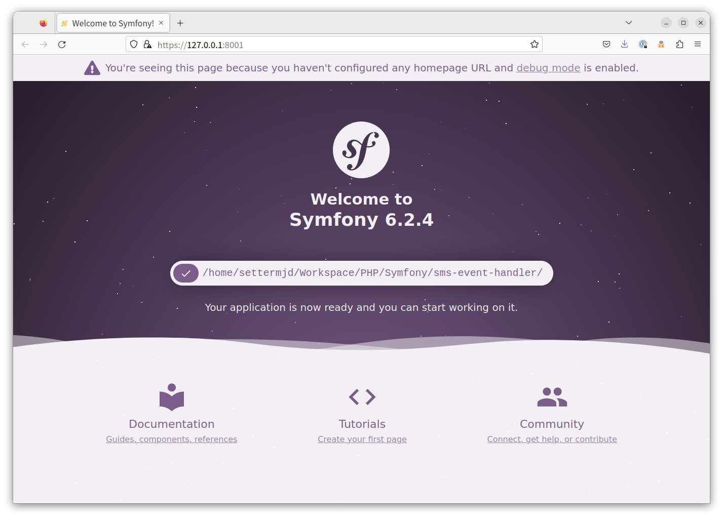 The default Symfony route displayed in Firefox