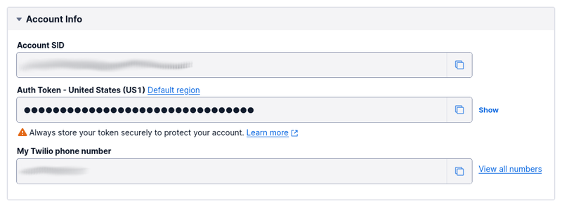Screenshot of the Account info panel in the Twilio Console