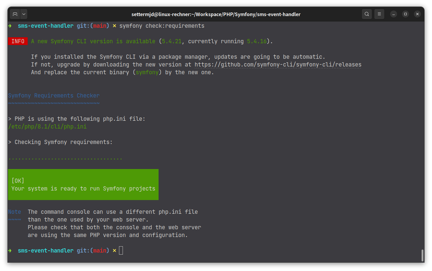 The symfony check:requirements output printed to the terminal