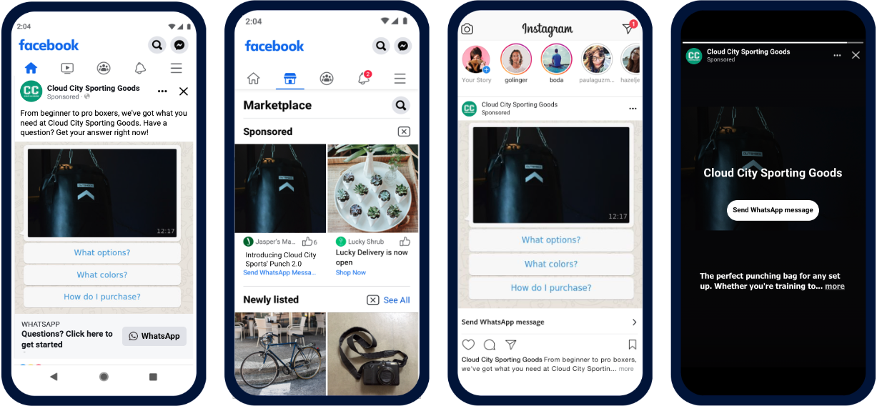 Four mobile phone screenshots showing the different surfaces for ads on Instagram and Facebook