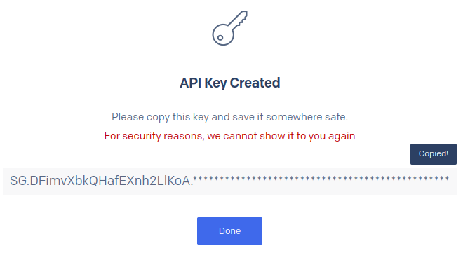 SendGrid API Key Created dialog box