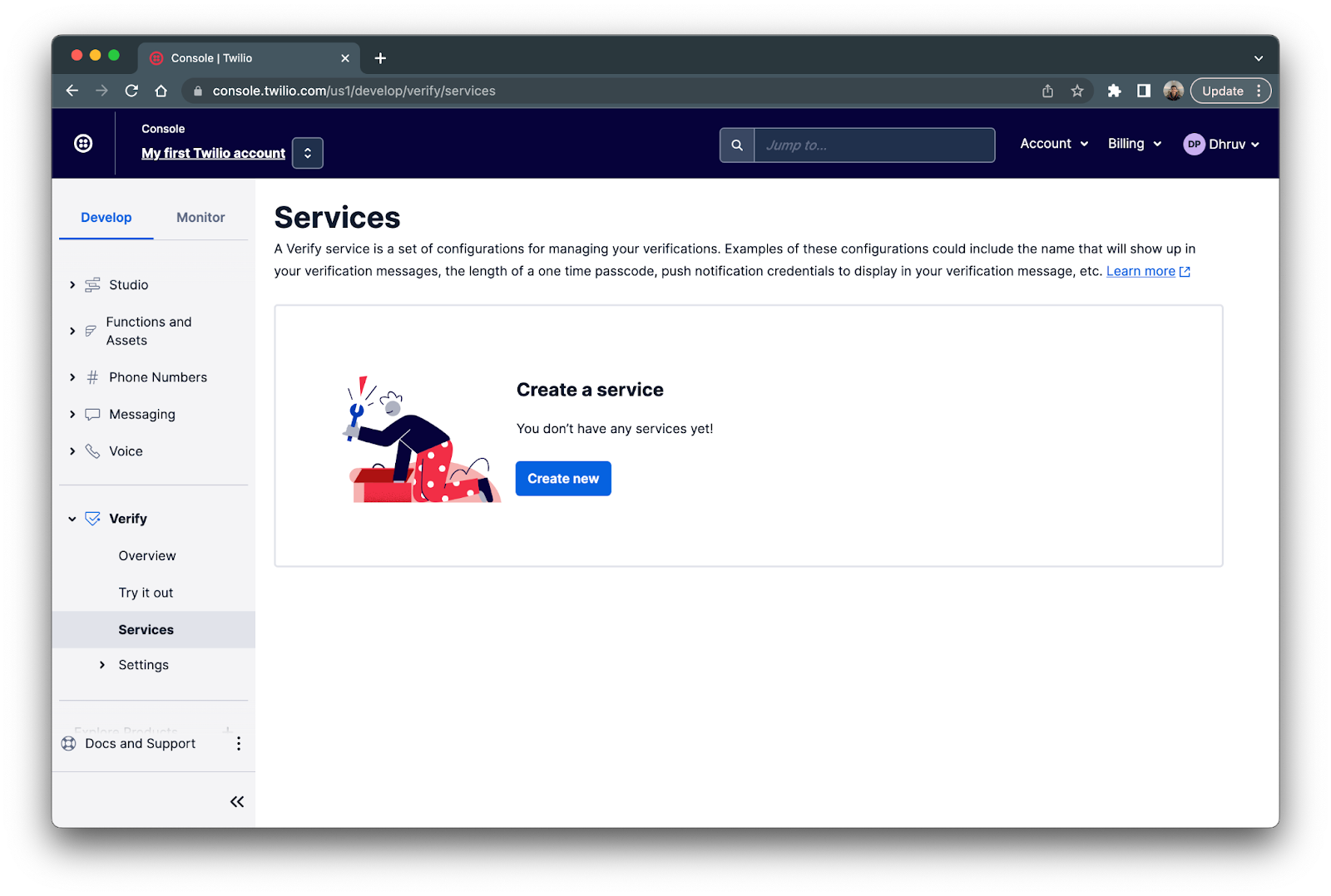 Verify product page on Twilio console