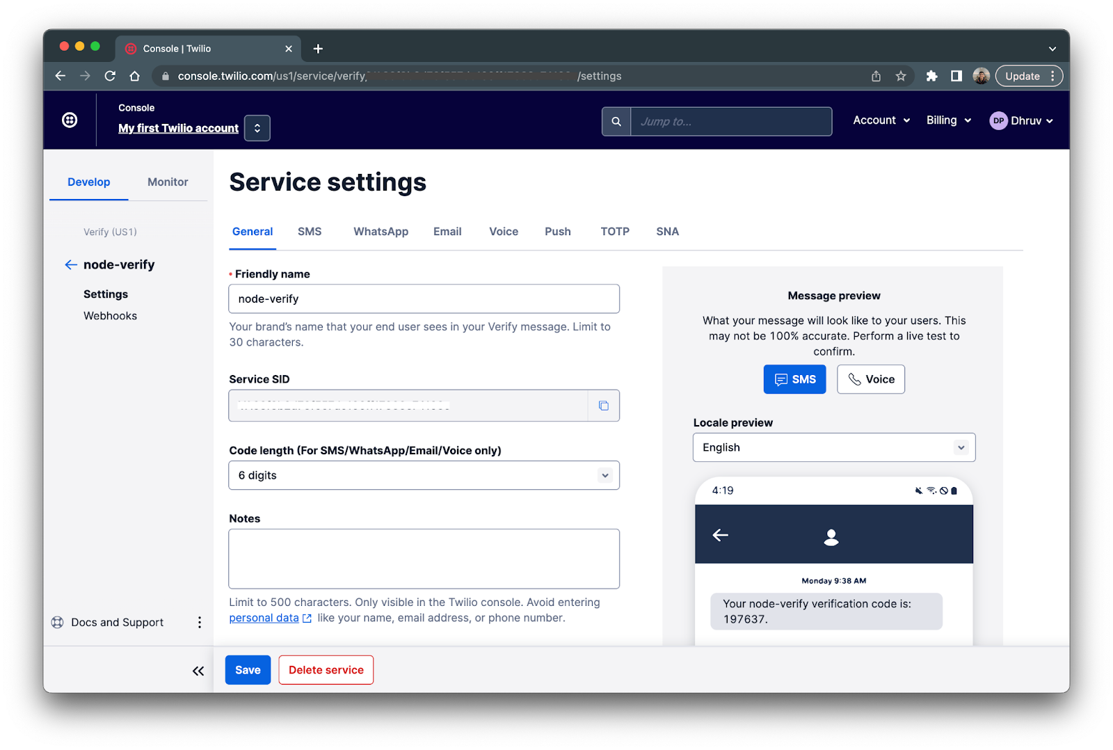 Service settings of new Twilio Verify service