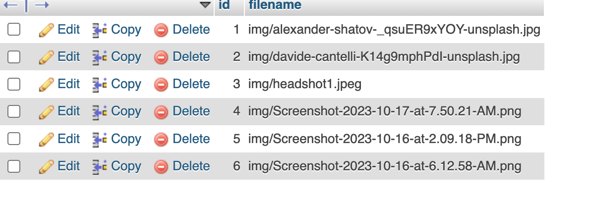 A snapshot of a database table using phpMyAdmin to show 6 entries in a table.