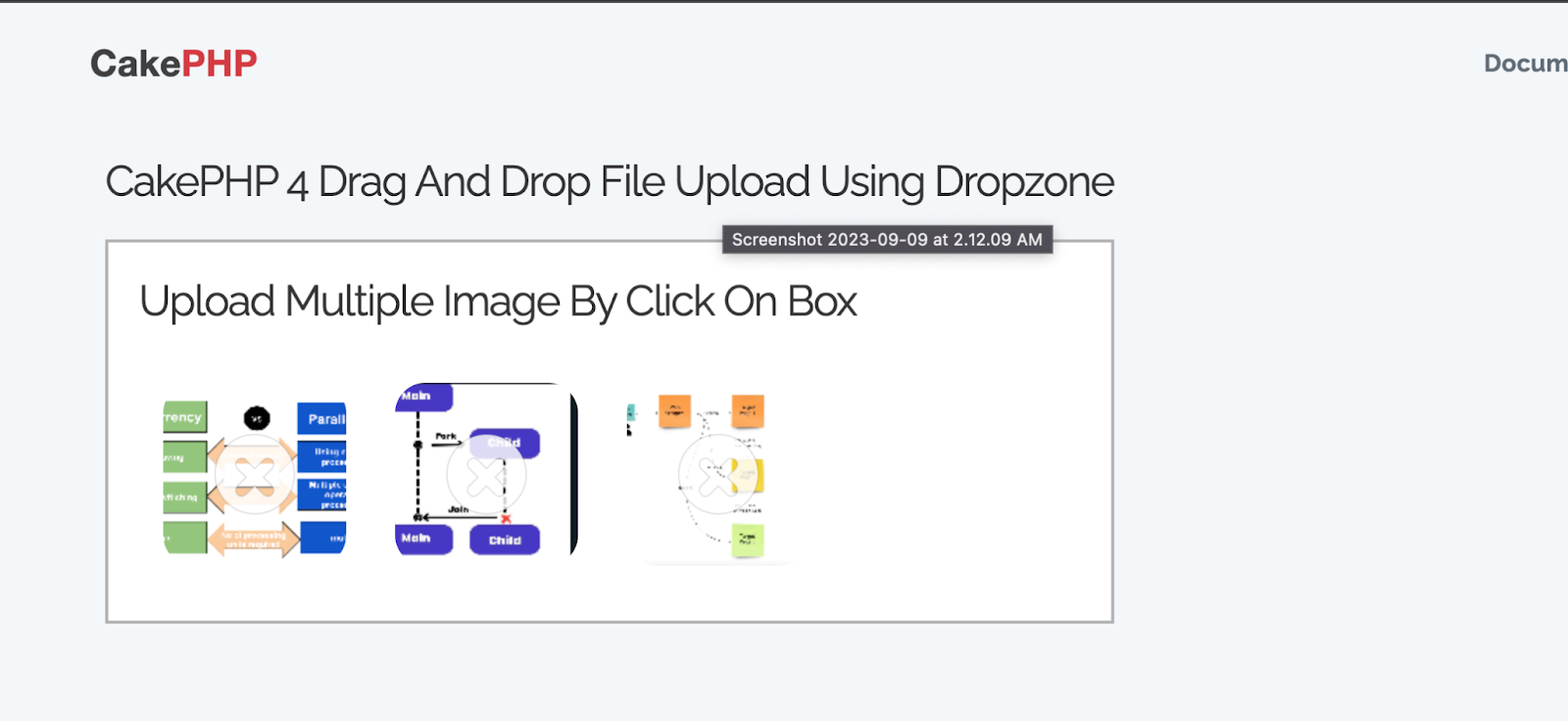 implementation of drag-and-drop feature in CakePHP using Dropzone.js for file uploads.