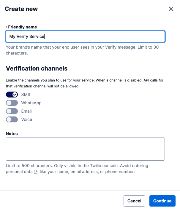 Create a new Twilio Verify service