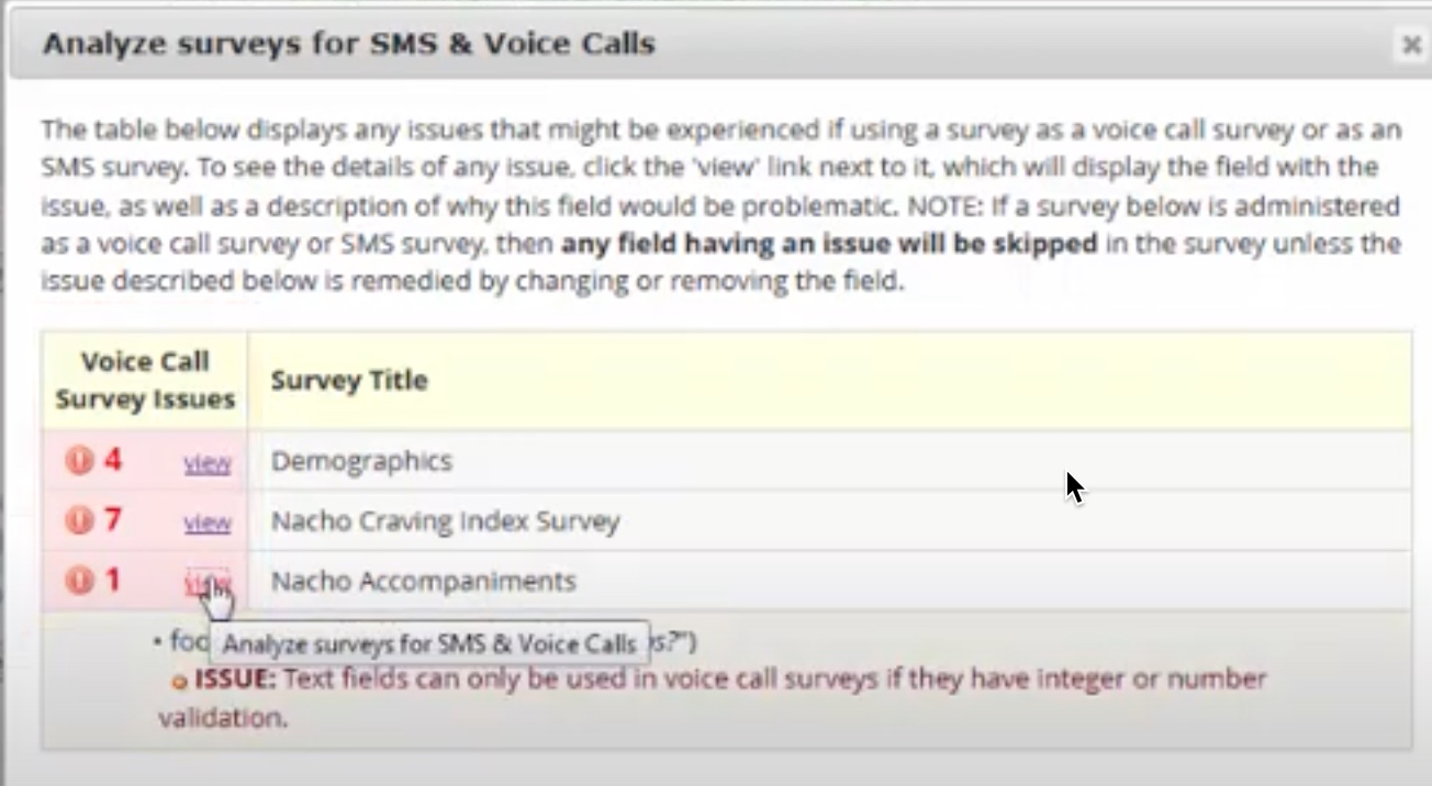 Analyze Surveys for SMS & Voice Calls screen