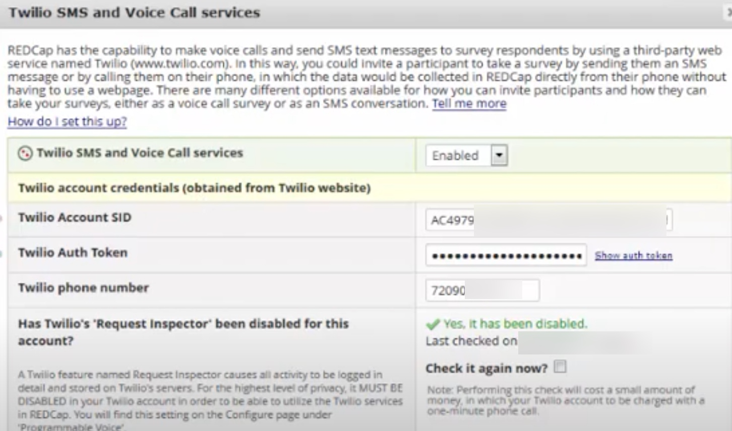 Enter Twilio credentials in REDCap