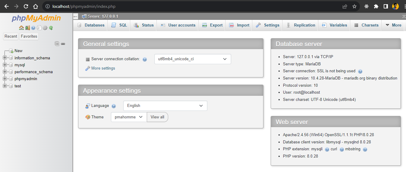 An overview of phpMyadmin dashboard