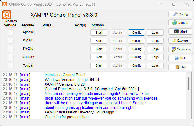 XAMPP control panel at start.