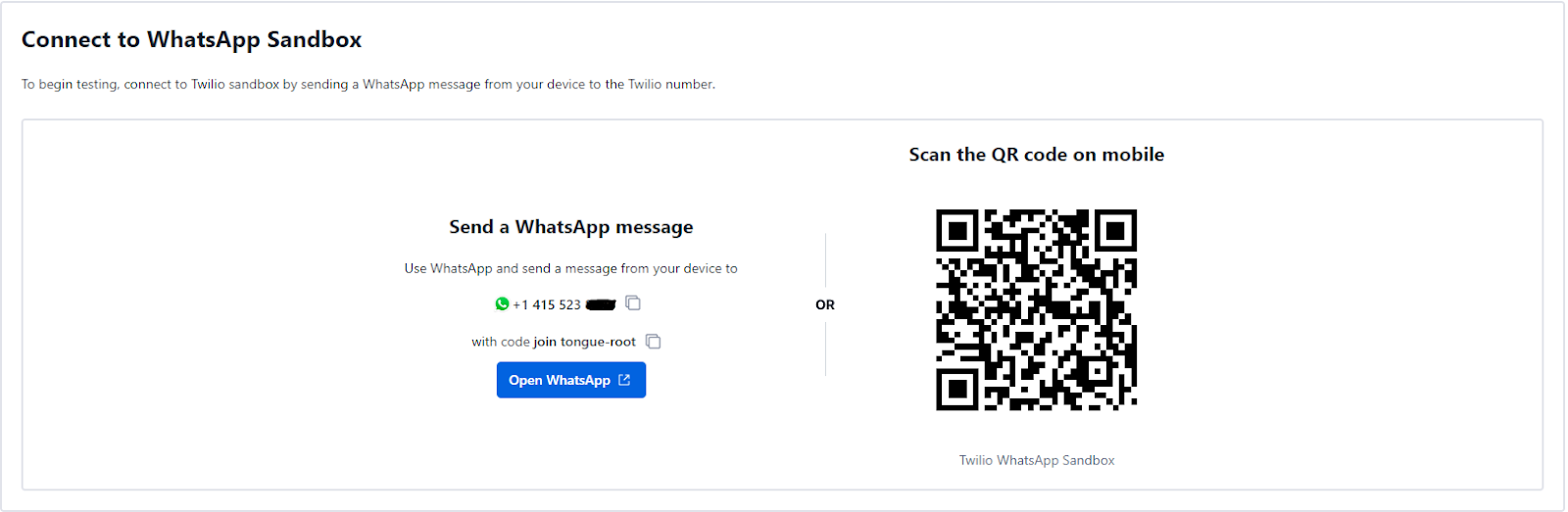 A photo showing how to connect to the Whatsapp sandbox from Twilio console