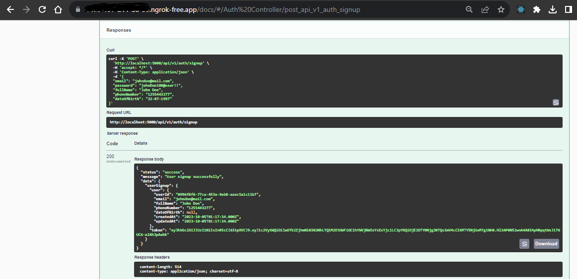 Swagger UI showing user registration via the register endpoint