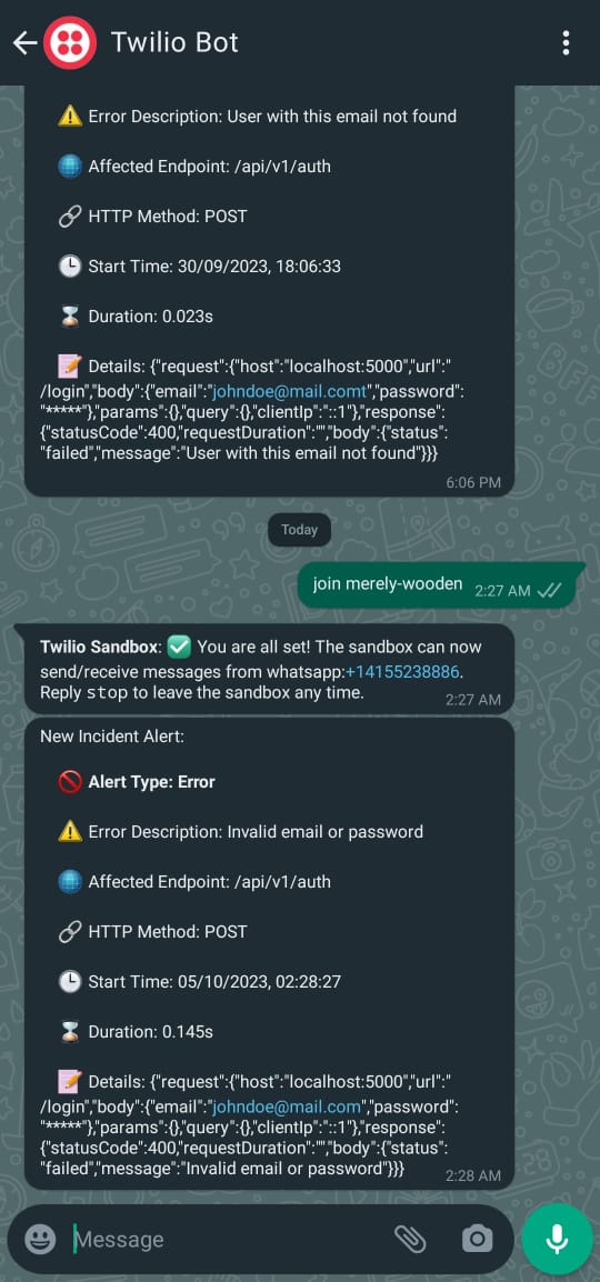 Incident alert notification using Twilio WhatsApp API