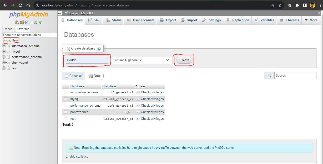 Creating a database in the phpMyAdmin dashboard