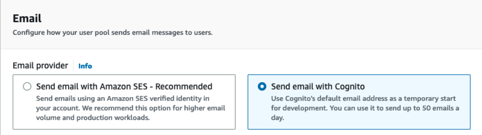 Configuring emails to be sent via Cognito instead of the default Simple Email Service.