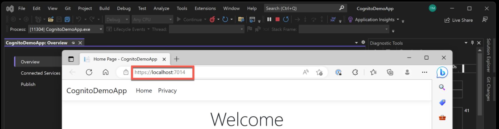 Visual Studio running an ASP.NET Core application side by side a web browser at URL https://localhost:7014