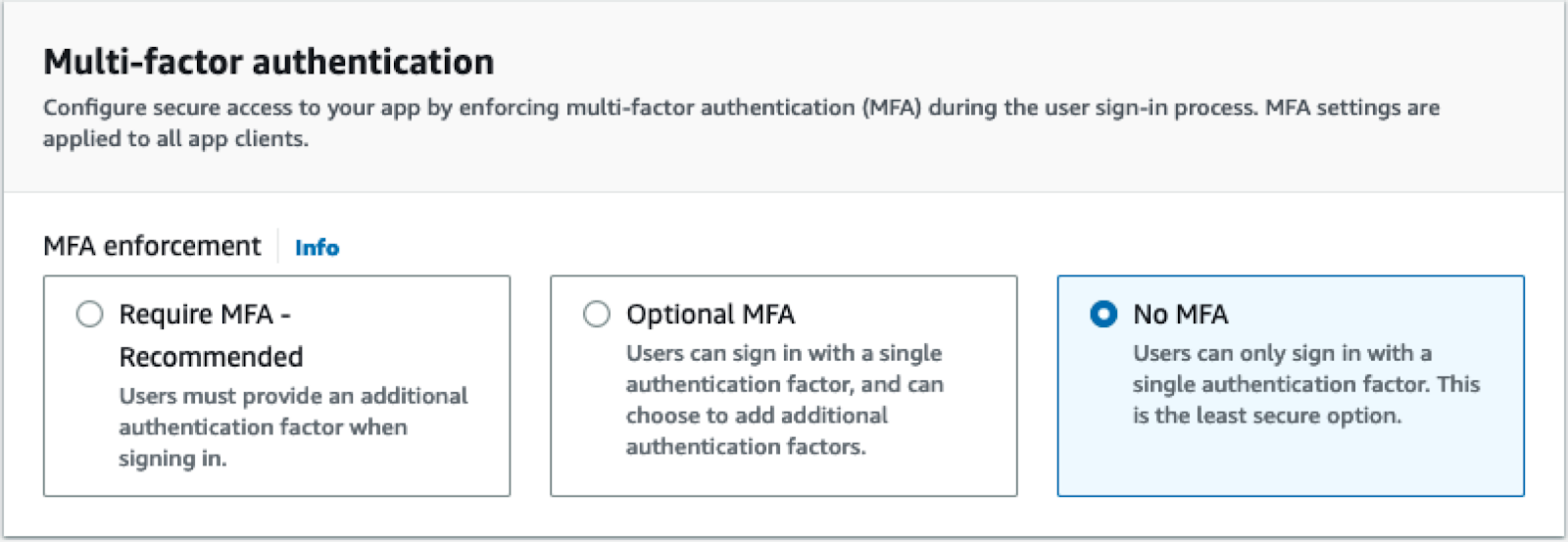 Disabling Multi-Factor Authentication for test purposes only. 