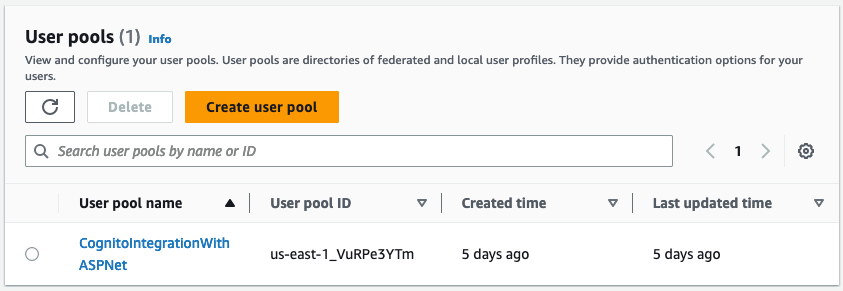 The Cognito User Pool List page that is shown when there are already user pools in your account.